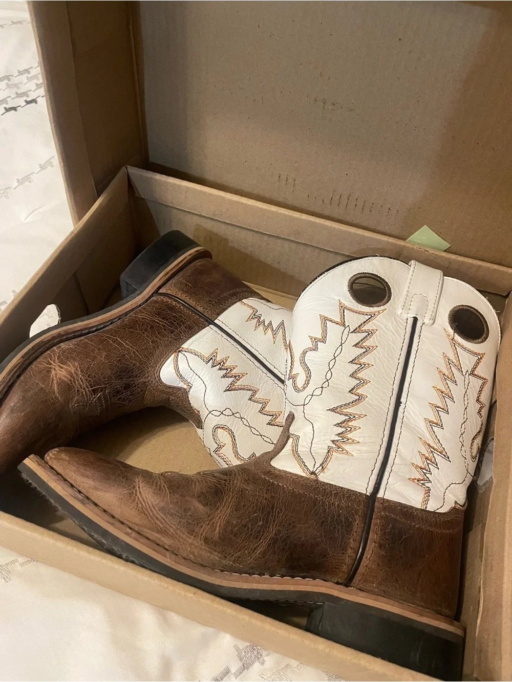 Kids Two-Tone Western Pull-On Leather Cowboy Boots - White & Brown